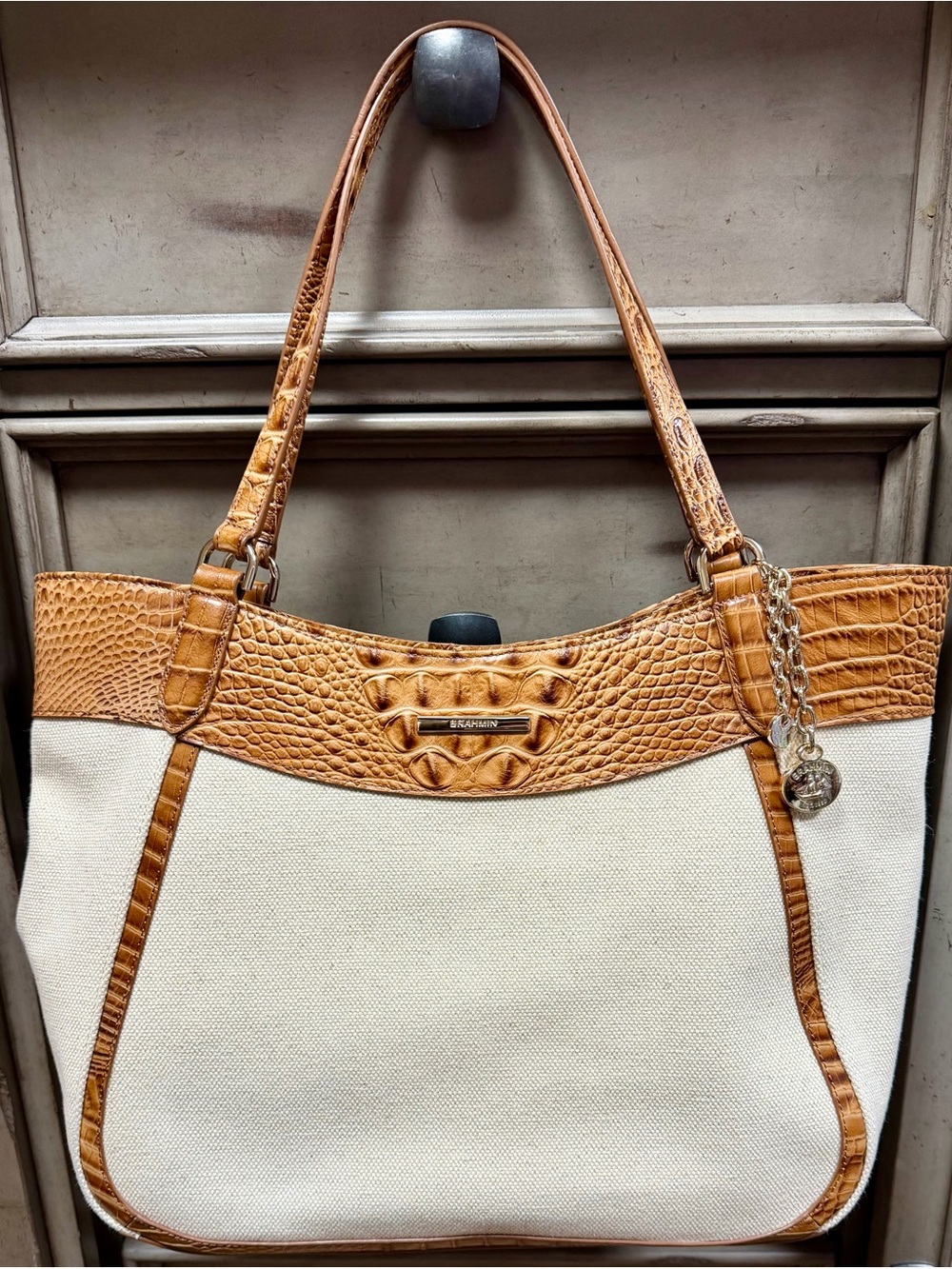 Brahmin Cream Canvas Tote with Tan Croc-Embossed Trim